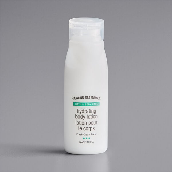 A close-up of a white Serene Elements body lotion bottle with black text.