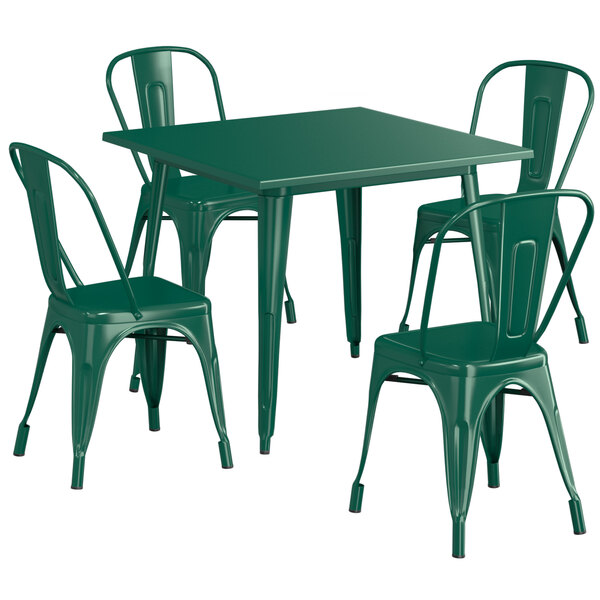 Green metal garden table and online chairs