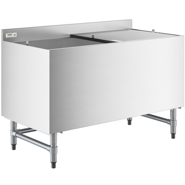 A large stainless steel Regency beer box with a lid and backsplash.