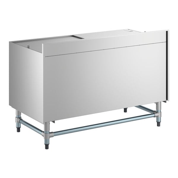 A stainless steel beer box with a lid, backsplash, and sturdy legs, designed for commercial use.
