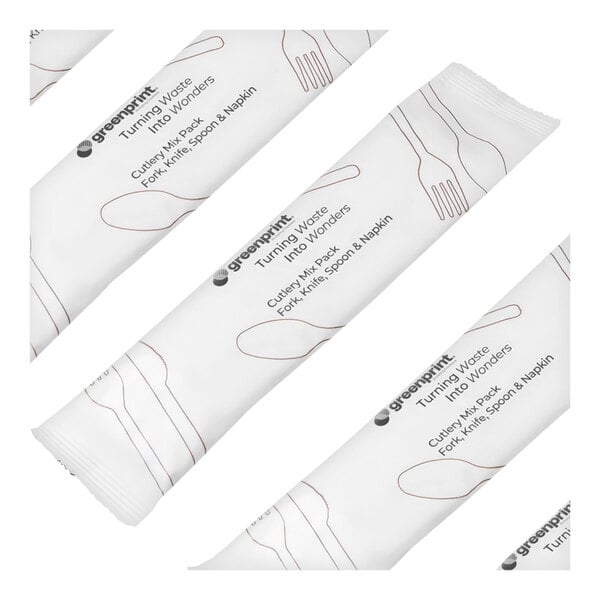A group of Greenprint Agave Cutlery sets wrapped in white packaging.
