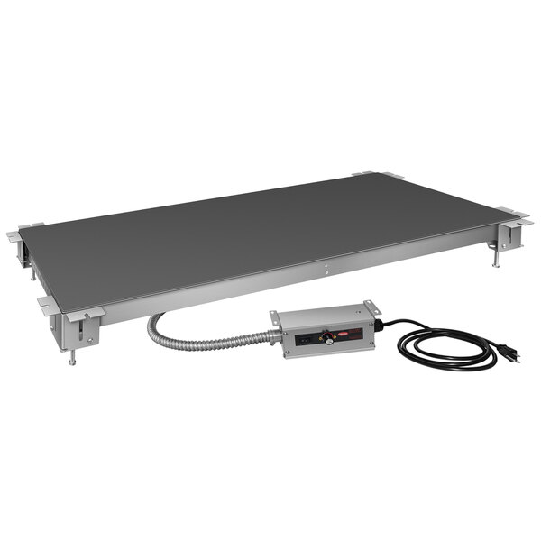 A grey rectangular metal box with a power cord.
