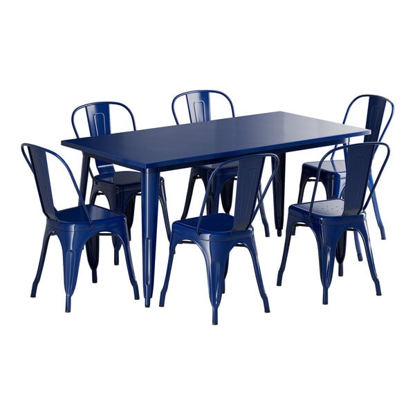 A sapphire blue Lancaster Table & Seating outdoor table with chairs.