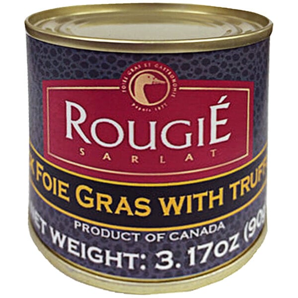 A can of Rougie Foie Gras with a label.