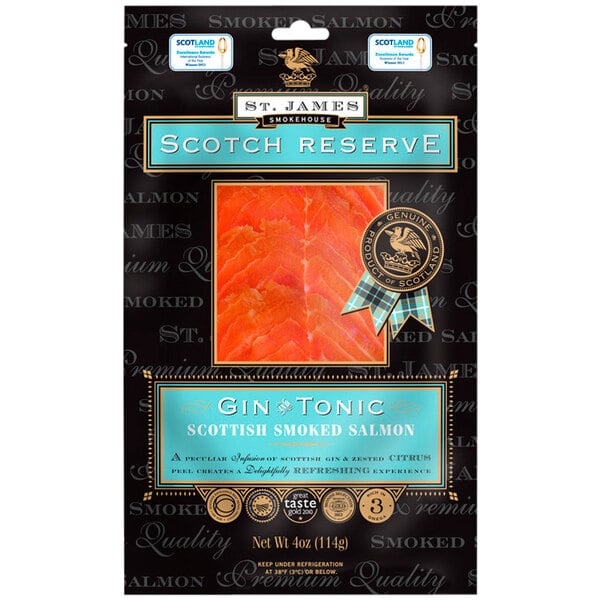 A package of St. James Smokehouse Scotch Reserve Gin and Tonic Smoked Salmon.