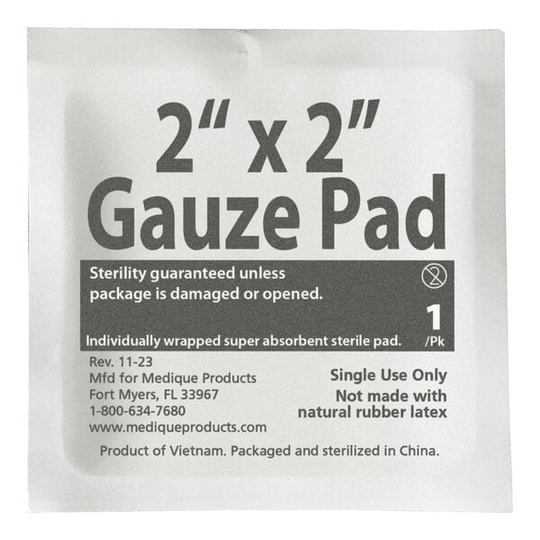 A sterile 2 inch by 2 inch gauze pad in individual packaging.