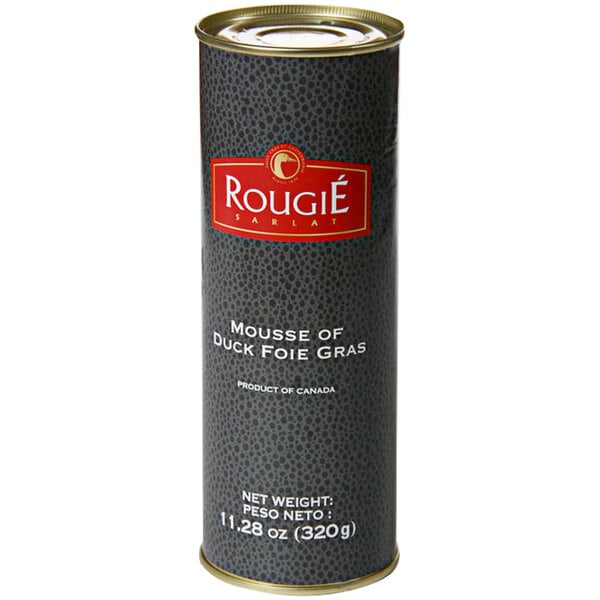 A Rougie tin of foie gras with a red label.