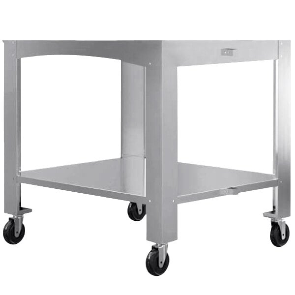 A stainless steel cart with wheels for a WPPO Karma 25 oven.