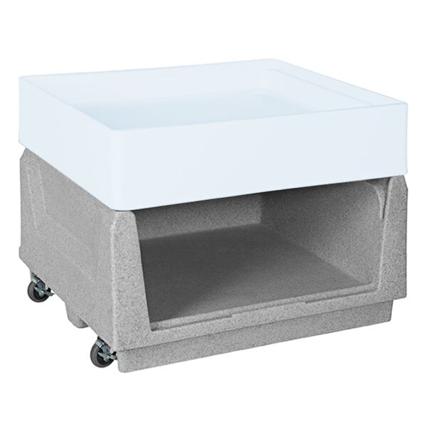 A grey rectangular Bonar Plastics display base with wheels.