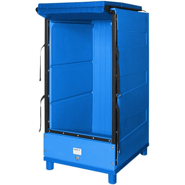 A blue Bonar Plastics dry ice container with a door open.