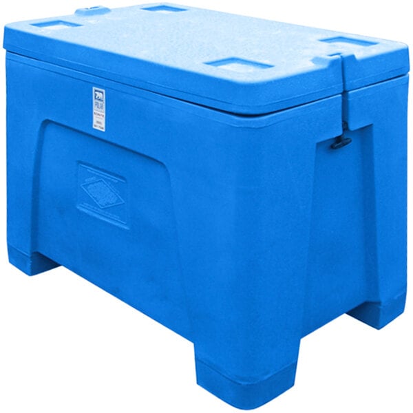 A blue Bonar Plastics dry ice cooler with a lid.
