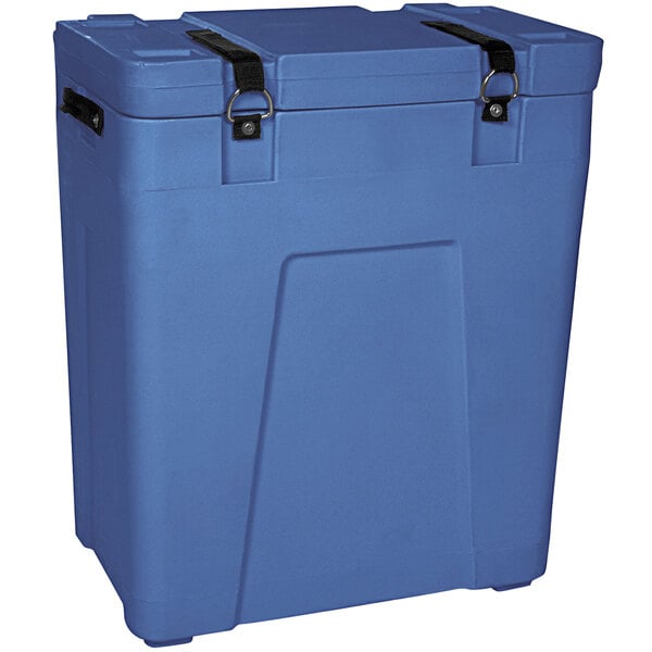 A blue Bonar Plastics dry ice cooler with black straps.