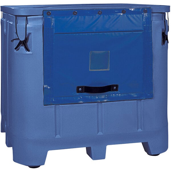 A blue Bonar Plastics dry ice container with a black handle and wheels.