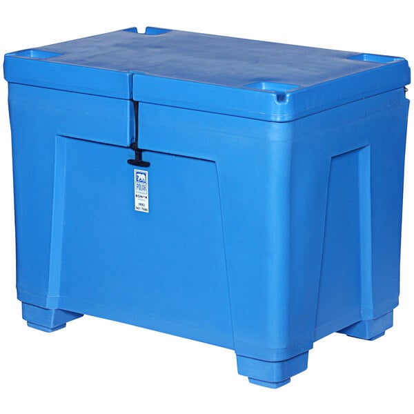 A blue plastic Bonar Plastics dry ice box with hinged lid and legs.