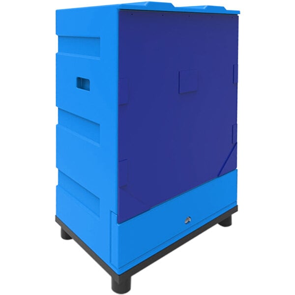 A blue Bonar Plastics dry ice storage box with black legs.