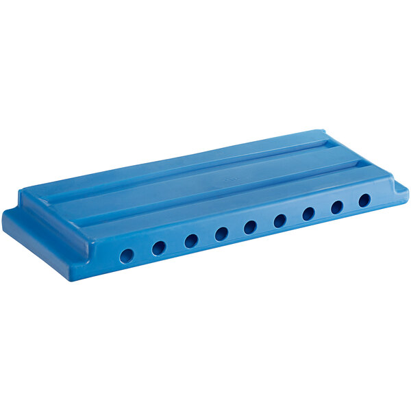 A blue rectangular Bonar Plastics dry ice bunker with holes.