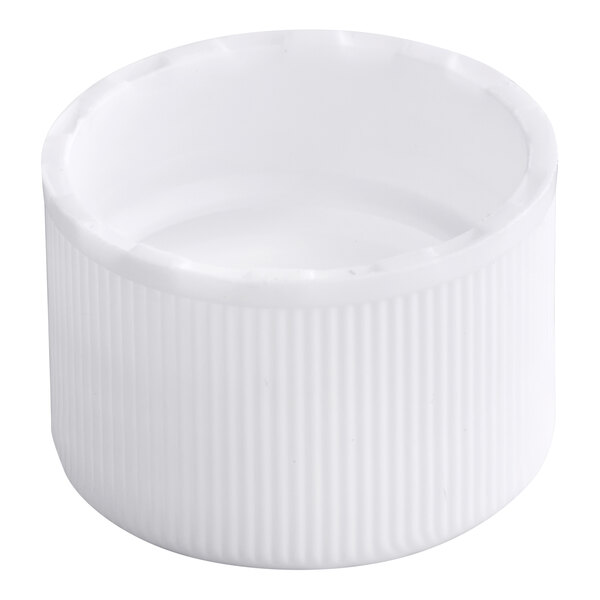 A white plastic continuous thread lid with a foam liner and ribbed sides.