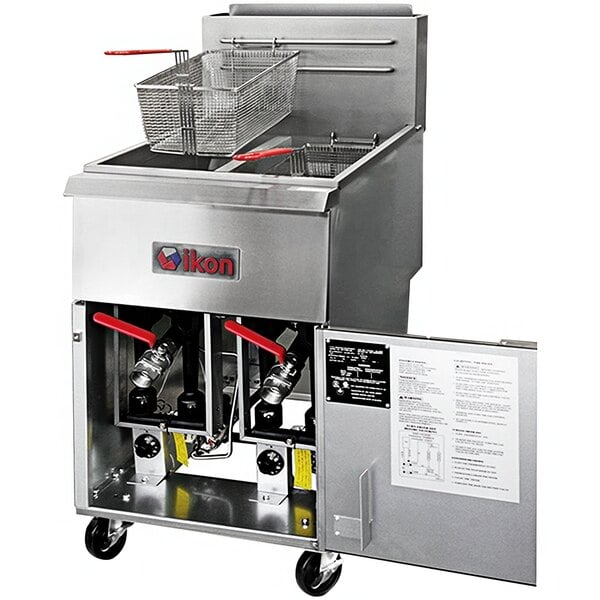 An Ikon liquid propane split pot fryer with two baskets over a counter.