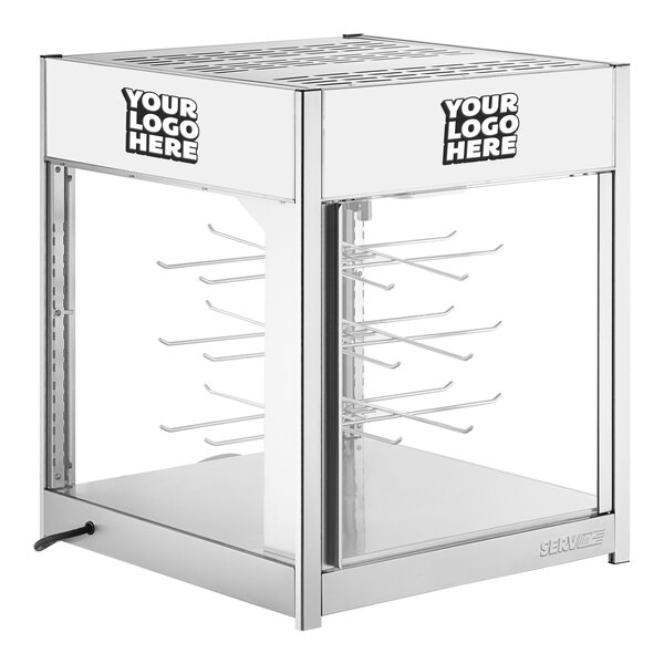 A white glass ServIt countertop pizza warmer with a rack of food inside.