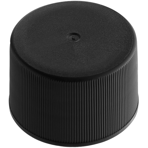 A 28/410 black plastic bottle cap with foam liner.