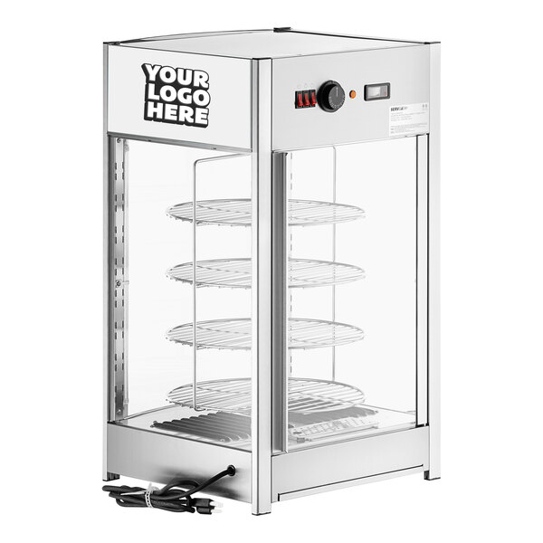 A clear glass ServIt pizza warmer with a round shelf and customizable panels.