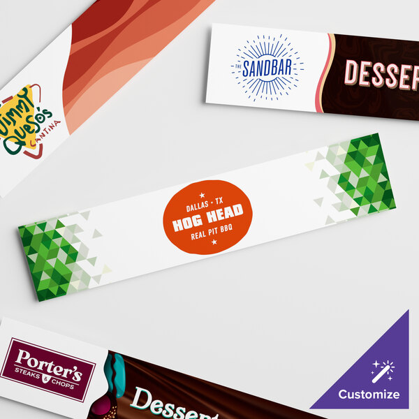 A white rectangular card with blue and red customizable text.