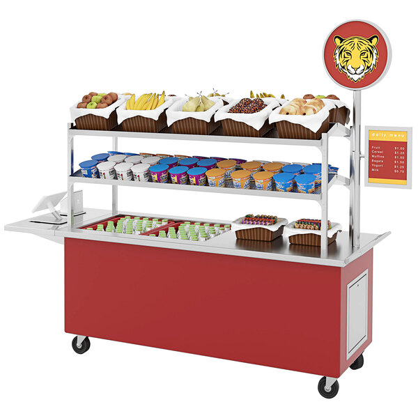 A candy apple red LTI cold pack food cart on a counter in an outdoor food stand.