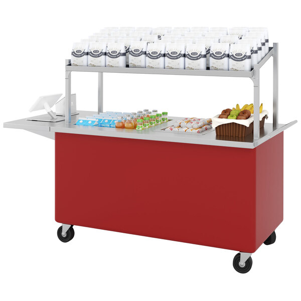 A red LTI Streamline hot well cart with food items on the counter.