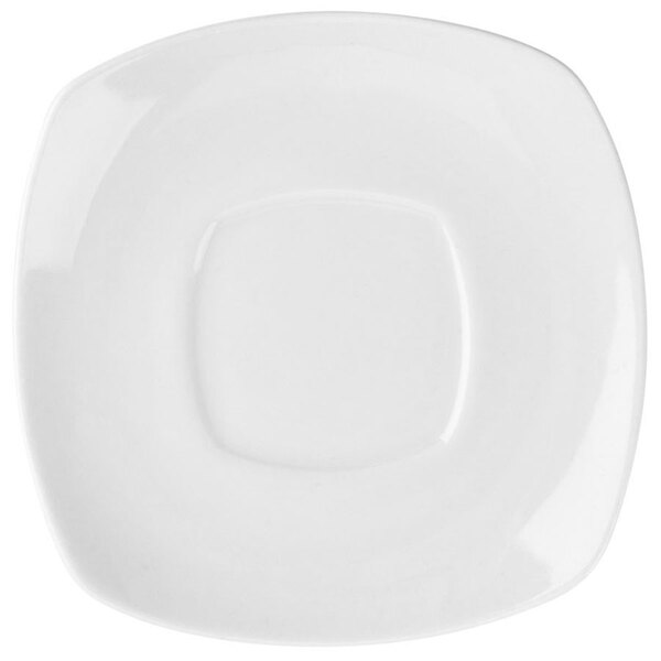 A close-up of a white square porcelain saucer with a square edge.