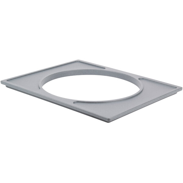 A grey square plastic holder with a circle in the middle.