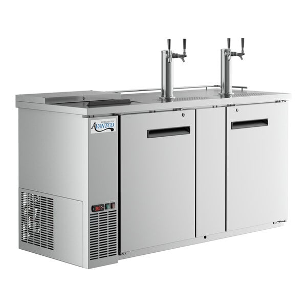 A stainless steel Avantco beer dispenser with two taps.