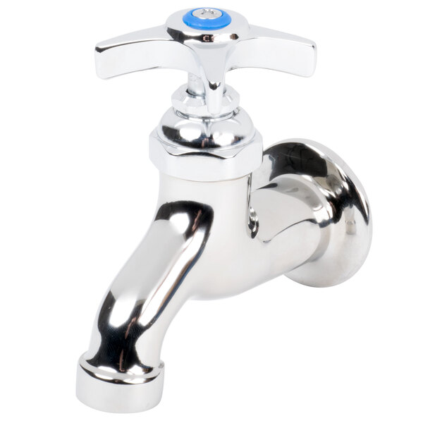 A silver T&S mop sink faucet with a blue knob.