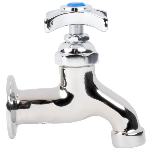 A chrome T&S mop sink faucet with blue index and 4 arm handle.