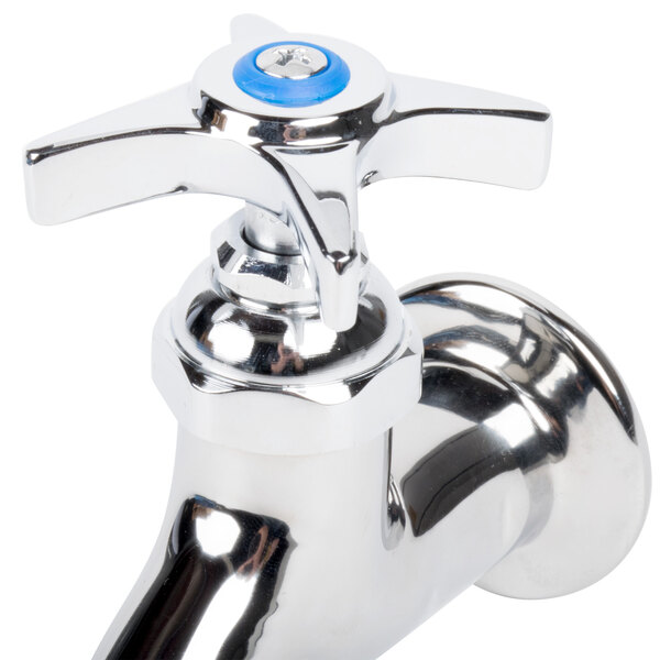 A chrome T&S mop sink faucet with a blue 4 arm handle.