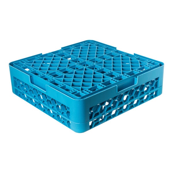 A blue plastic glass rack with 16 compartments and one extender, designed for washing and transporting glassware.