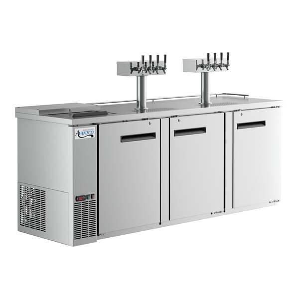 An Avantco stainless steel beer dispenser with quadruple tap tower.