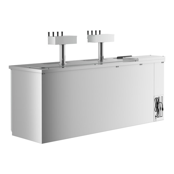 A white rectangular stainless steel Avantco beer dispenser with two quadruple tap towers.