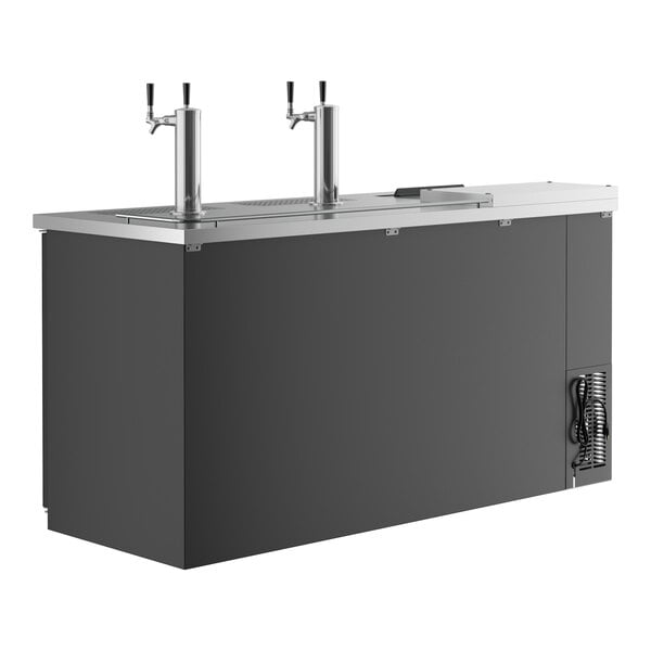 A black rectangular Avantco beer dispenser with silver metal trim and two taps on top.