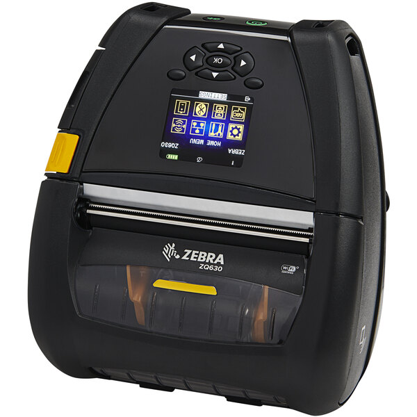 A black Zebra mobile label printer with buttons and a screen.