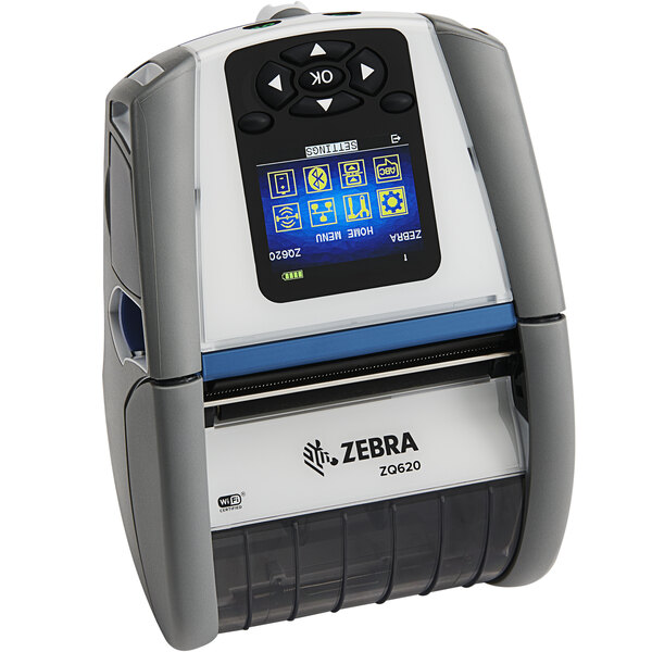 A close up of a Zebra mobile linered healthcare label printer.