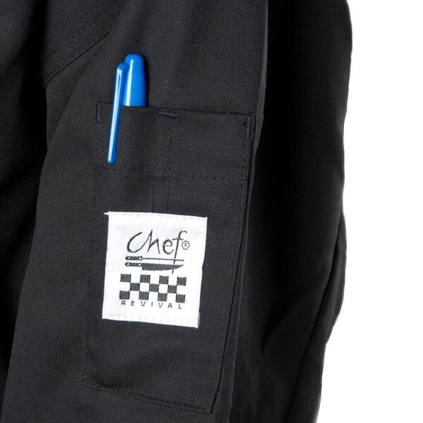 The pocket of a black Chef Revival executive chef coat with a blue pen in it.