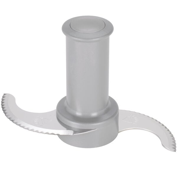 A grey food processor blade with a serrated edge and a handle.