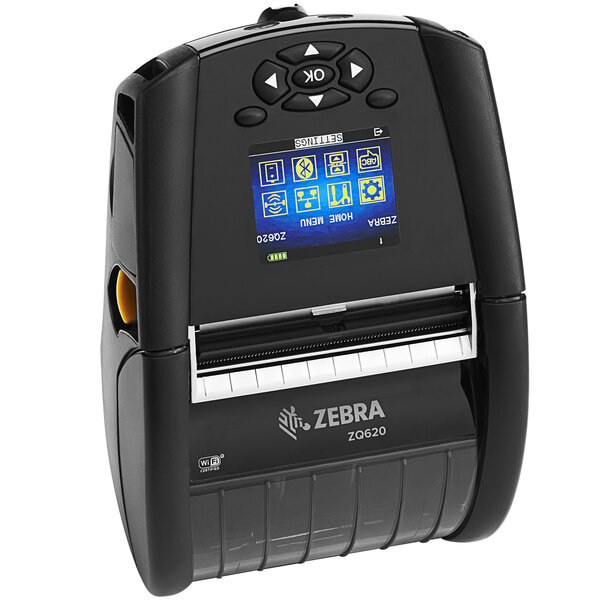 A black Zebra mobile label printer with a screen.