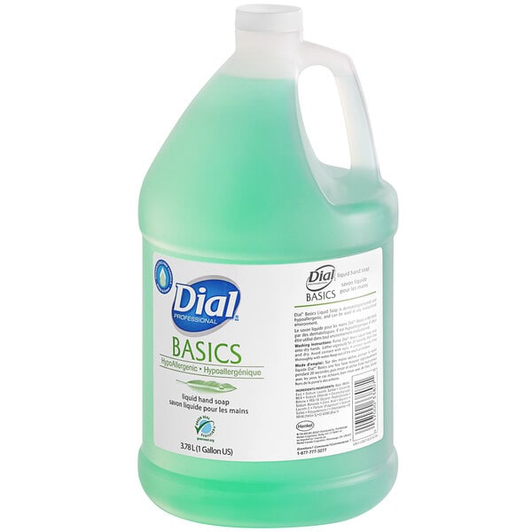 A jug of Dial Professional Basics Hypoallergenic Liquid Hand Soap with a white label.