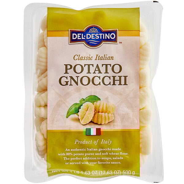 A package of Del Destino Potato Gnocchi on a white background.