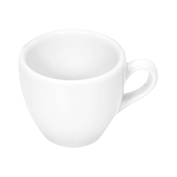 A plain, small white porcelain cup with a handle, shown against a white background.