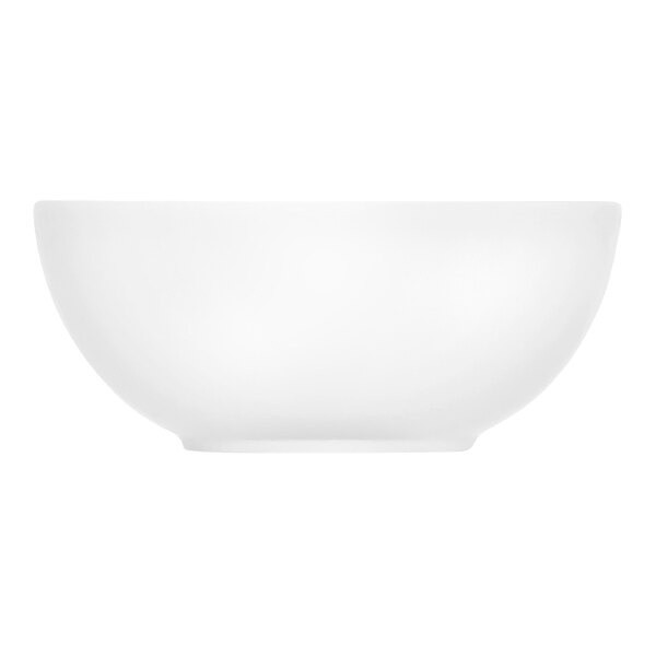A plain, round, white bowl with smooth sides and a slightly raised base.