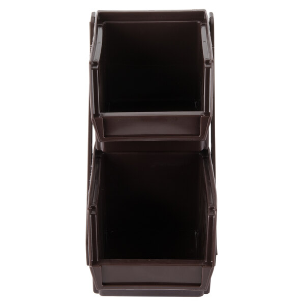 A brown plastic Vollrath condiment bin with two compartments.