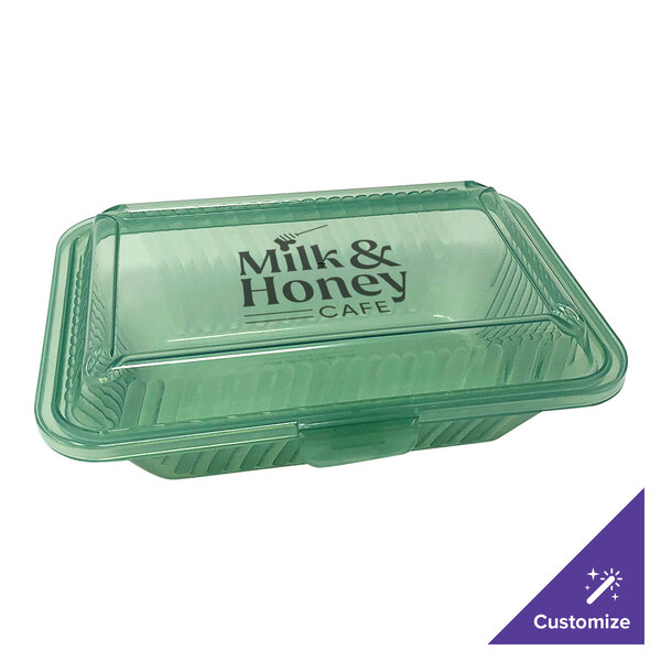 A jade green GET Eco-Takeouts reusable plastic container with a lid and a logo.