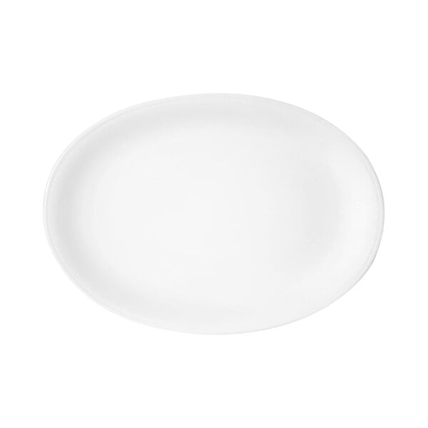 A plain, bright white oval platter with smooth edges, viewed from above.